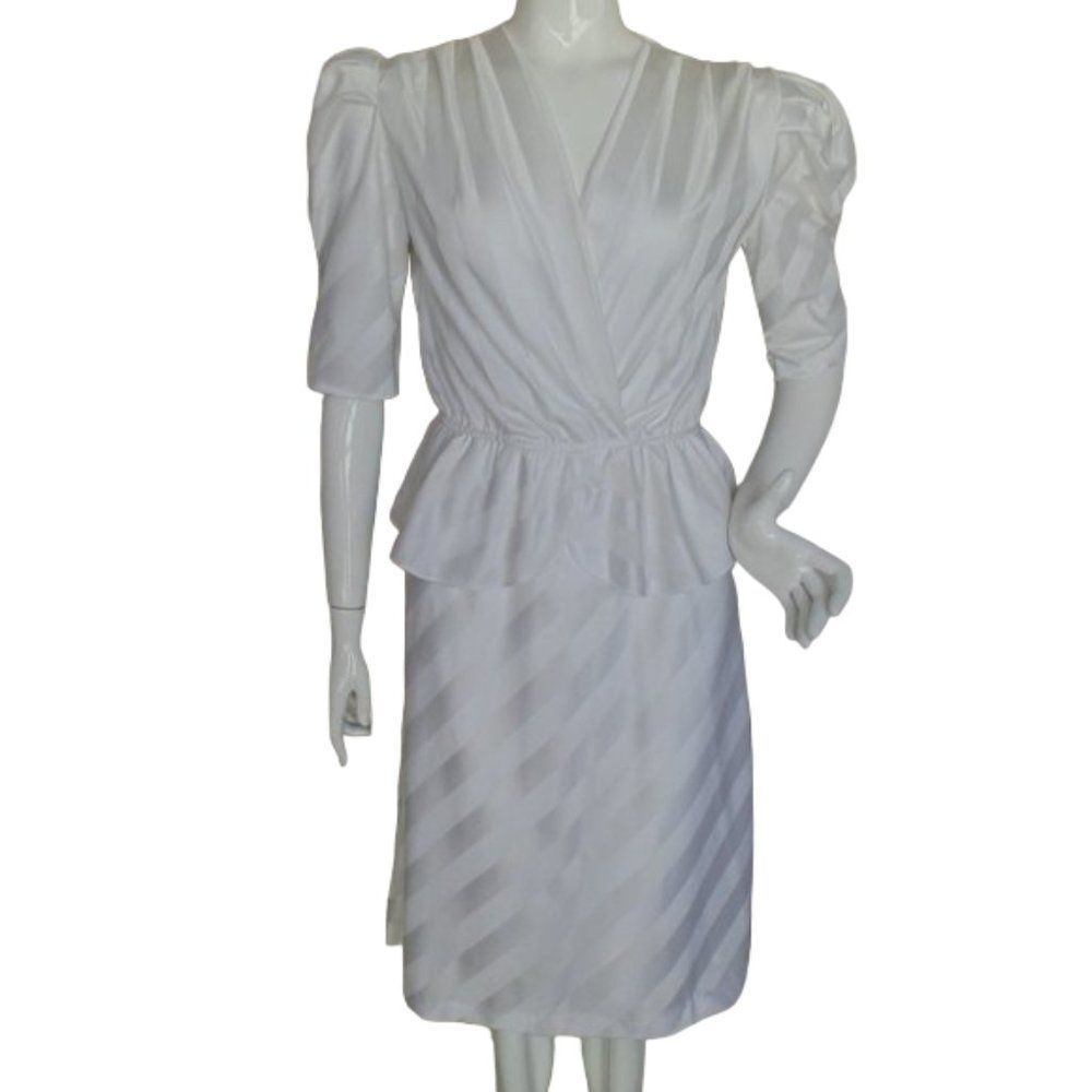 JONI BLAIR Dress, XS/S, Vintage, Peplum, White Jacquard Stripes, Mid-sleeve